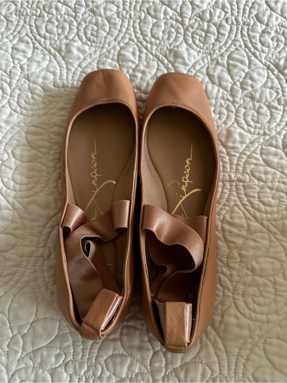 Jessica Simpson Tan/soft pink Square-Toe Ballet Flats with criss cross Ribbon